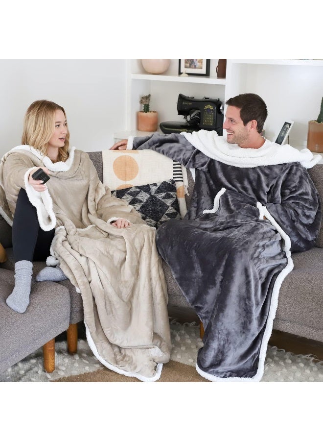 Catalonia (Camel) -  Sherpa Fleece Blanket With Sleeves And Pocket, Wearable Micro Plush Warm Sleeved Tv Blanket Throw Robe For Adult Women And Men Large 72"X55"  - Image 3