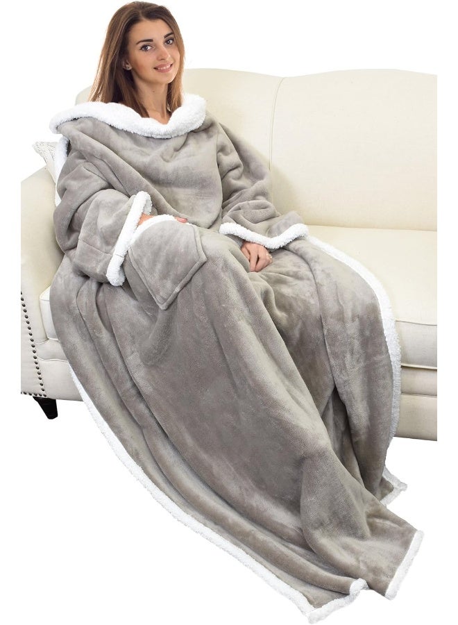 Catalonia (Camel) -  Sherpa Fleece Blanket With Sleeves And Pocket, Wearable Micro Plush Warm Sleeved Tv Blanket Throw Robe For Adult Women And Men Large 72"X55"  - Image 2