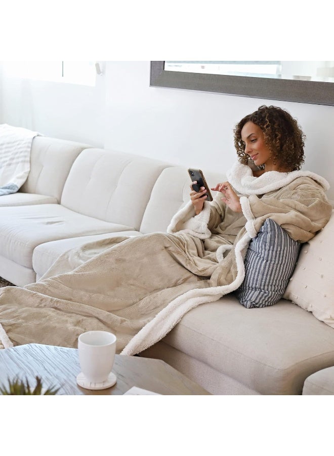 Catalonia (Camel) -  Sherpa Fleece Blanket With Sleeves And Pocket, Wearable Micro Plush Warm Sleeved Tv Blanket Throw Robe For Adult Women And Men Large 72"X55"  - Image 5