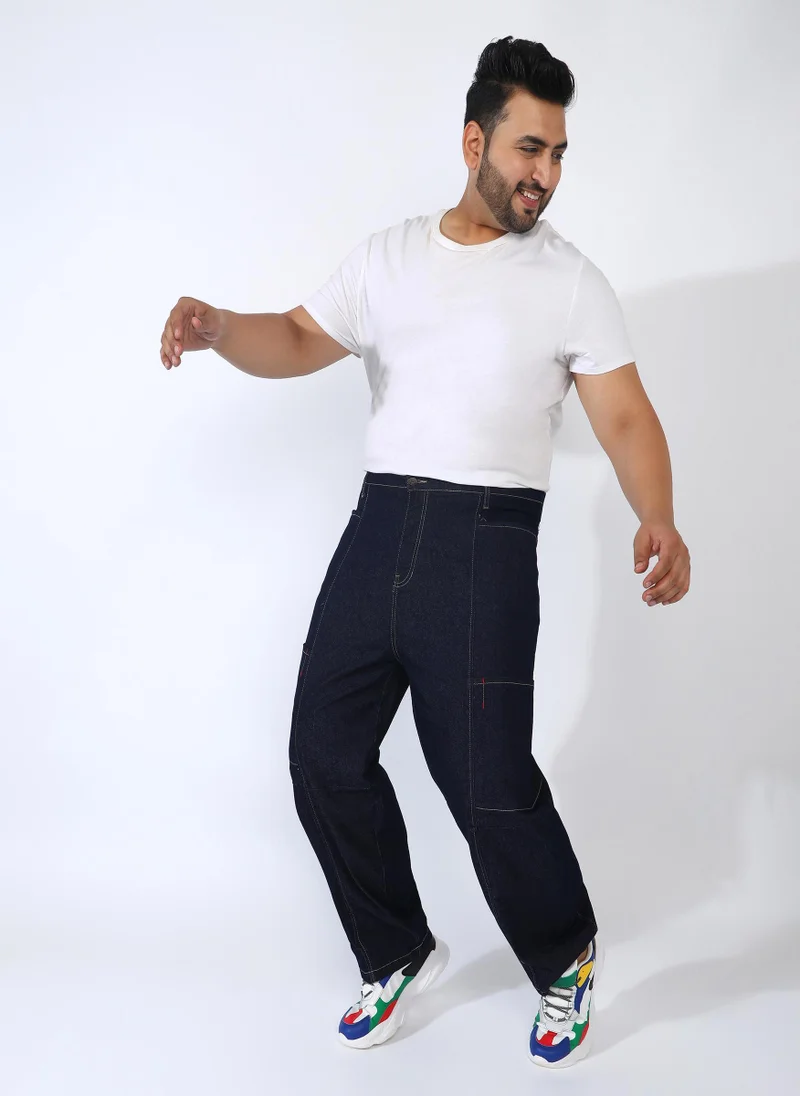 Instafab Plus  Men's Navy Blue Baggy Cargo Denim Jeans For Casual Wear | 4 Pockets | Mid-Rise | Button Closure | Plus-Size Denim Jeans Crafted With Comfort Fit For Everyday Wear for Men | Best Price UAE