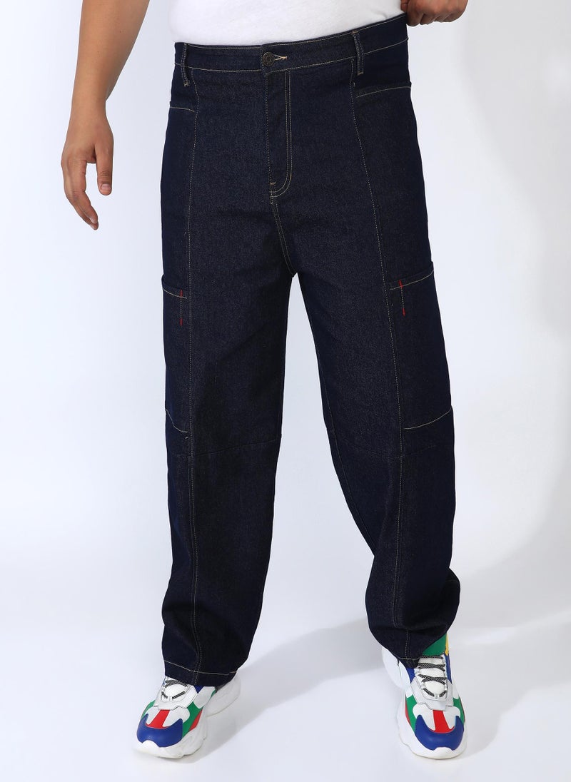 Instafab Plus Men's Navy Blue Baggy Cargo Denim Jeans For Casual Wear | 4 Pockets | Mid-Rise | Button Closure | Plus-Size Denim Jeans Crafted With Comfort Fit For Everyday Wear - Image 2