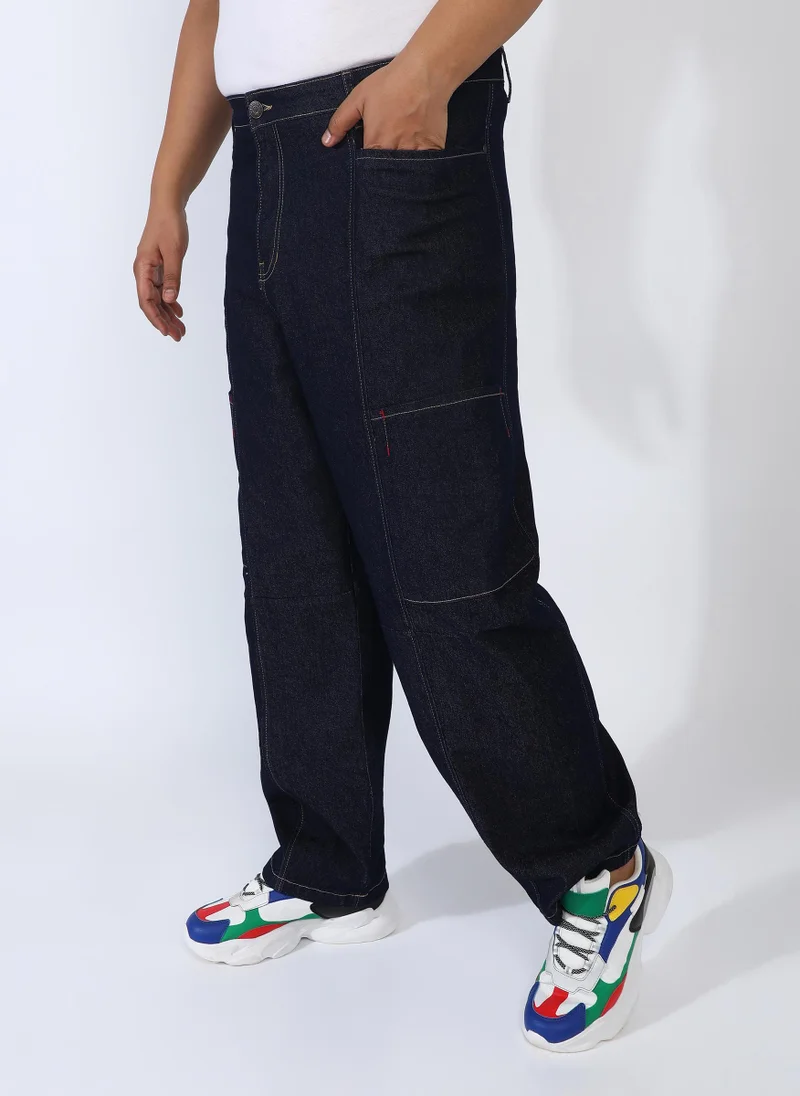 Instafab Plus  Men's Navy Blue Baggy Cargo Denim Jeans For Casual Wear | 4 Pockets | Mid-Rise | Button Closure | Plus-Size Denim Jeans Crafted With Comfort Fit For Everyday Wear for Men | Best Price UAE