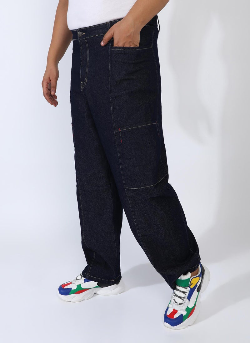 Instafab Plus Men's Navy Blue Baggy Cargo Denim Jeans For Casual Wear | 4 Pockets | Mid-Rise | Button Closure | Plus-Size Denim Jeans Crafted With Comfort Fit For Everyday Wear - Image 3