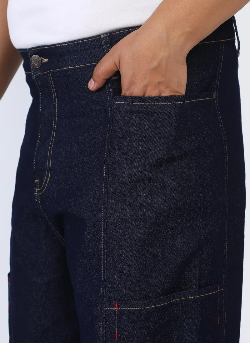 Instafab Plus  Men's Navy Blue Baggy Cargo Denim Jeans For Casual Wear | 4 Pockets | Mid-Rise | Button Closure | Plus-Size Denim Jeans Crafted With Comfort Fit For Everyday Wear for Men | Best Price UAE