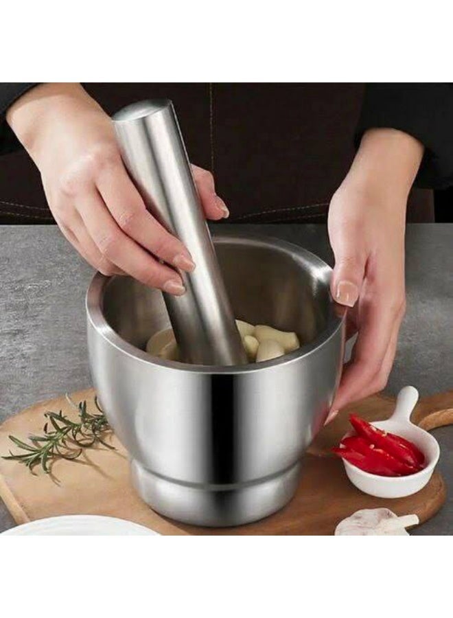 Golden Arrows Stainless steel mortar and pestle tool with non-rust surface, ideal for garlic paste, herbal grinding, pill mixing, sesame crushing, and enhancing food preparation efficiency - Image 1