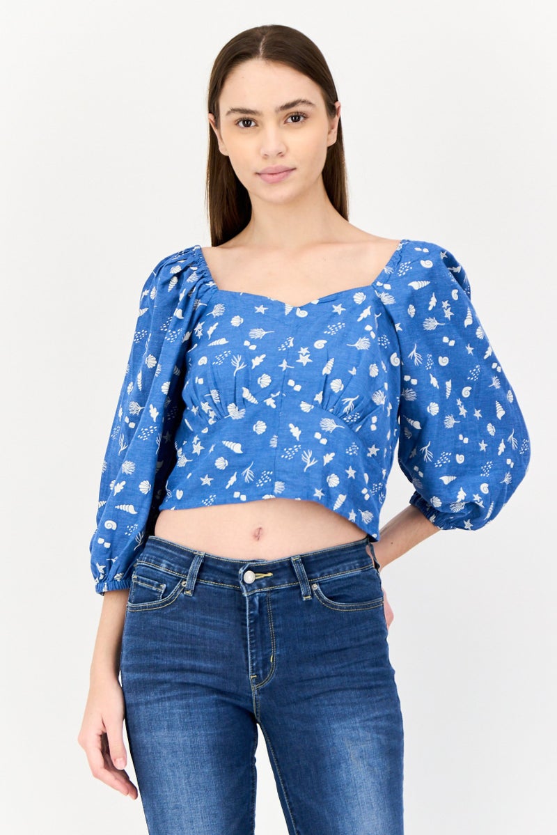 ONLY Women Square Neck 3/4 Sleeves Graphic Print Blouse, Multicolor  - Image 1