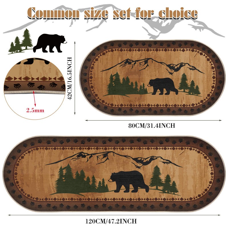Tinideya 2 Pcs Bear Non Skid Rug Rustic Lodge Theme Area Rug with Bear and Cub Scene Cabin Rug Bear Farmhouse Rug Winter Kitchen Cabin Rug Christmas Bear Decor for Home Bathroom Bedroom Living Room - Image 2