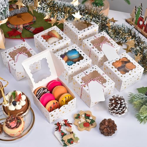 DOYIDE 32Pcs 4x4x25 in Christmas Cookie Boxes with Window White Bakery Boxes for Cookie Treat Boxes Pastry Boxes for Gift Giving Chocolate Covered Strawberries Dessert Donut Cupcakes Muffins - Image 3