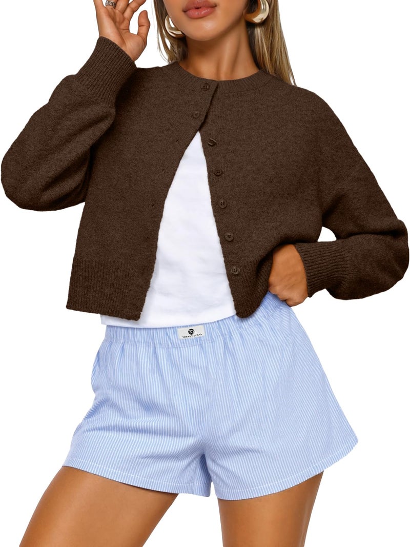 Trendy Queen Cropped Cardigan Sweaters for Women Lightweight Crop Cotton Knit Y2k Fall Outfits Fashion Clothes 2026 Chocolate Brown M - Image 1