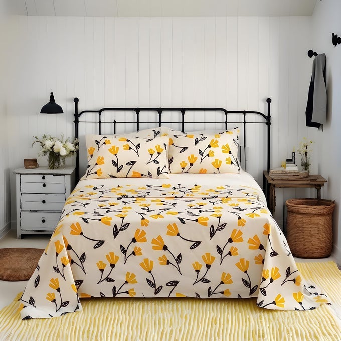 FARMHOUSE YELLOW FLEUR FLORAL FITTED AND FLAT BED SHEETS SET GOLDEN ORANGE SPRING TIME TULIP FLOWERS NEUTRAL IVORY CREAM BACKGROUND KING SIZE 4PIECES UPGRADED