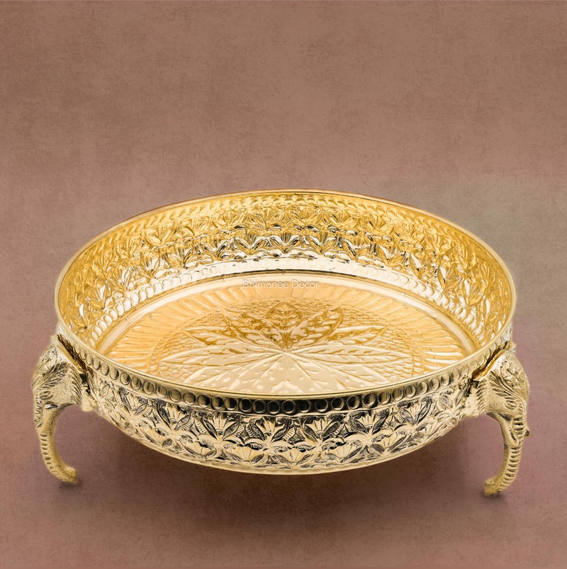 Bhimonee Decor Carving Elephant Thali 10 Inch 830g - Handcrafted Brass Decorative Bowl with Floral Engraving, Mughal Design, Elephant Handle, Home Decor, Pooja & Gift Item - Image 4