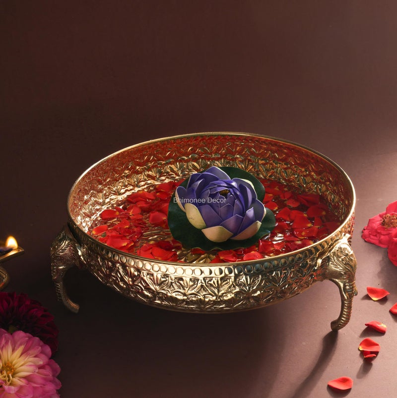 Bhimonee Decor Carving Elephant Thali 10 Inch 830g - Handcrafted Brass Decorative Bowl with Floral Engraving, Mughal Design, Elephant Handle, Home Decor, Pooja & Gift Item - Image 1