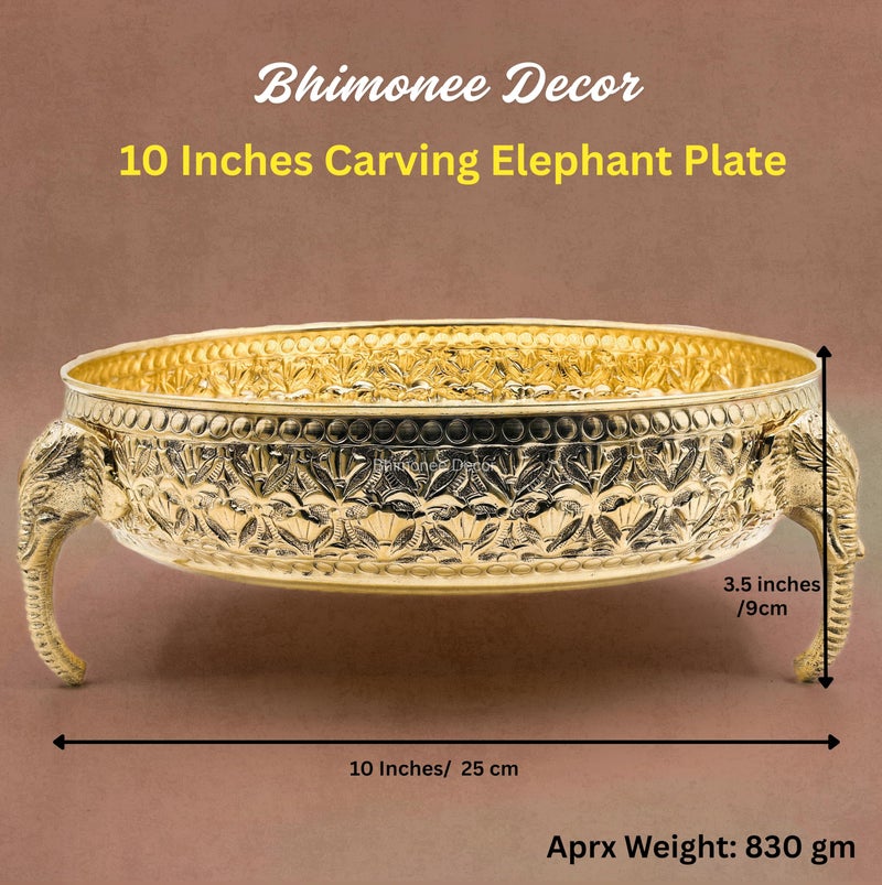 Bhimonee Decor Carving Elephant Thali 10 Inch 830g - Handcrafted Brass Decorative Bowl with Floral Engraving, Mughal Design, Elephant Handle, Home Decor, Pooja & Gift Item - Image 2