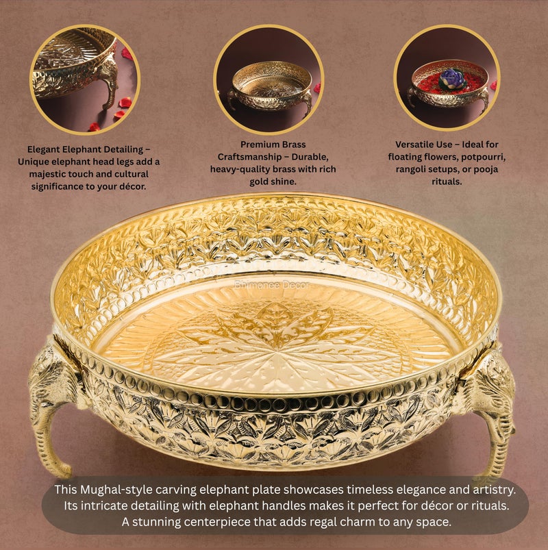 Bhimonee Decor Carving Elephant Thali 10 Inch 830g - Handcrafted Brass Decorative Bowl with Floral Engraving, Mughal Design, Elephant Handle, Home Decor, Pooja & Gift Item - Image 3