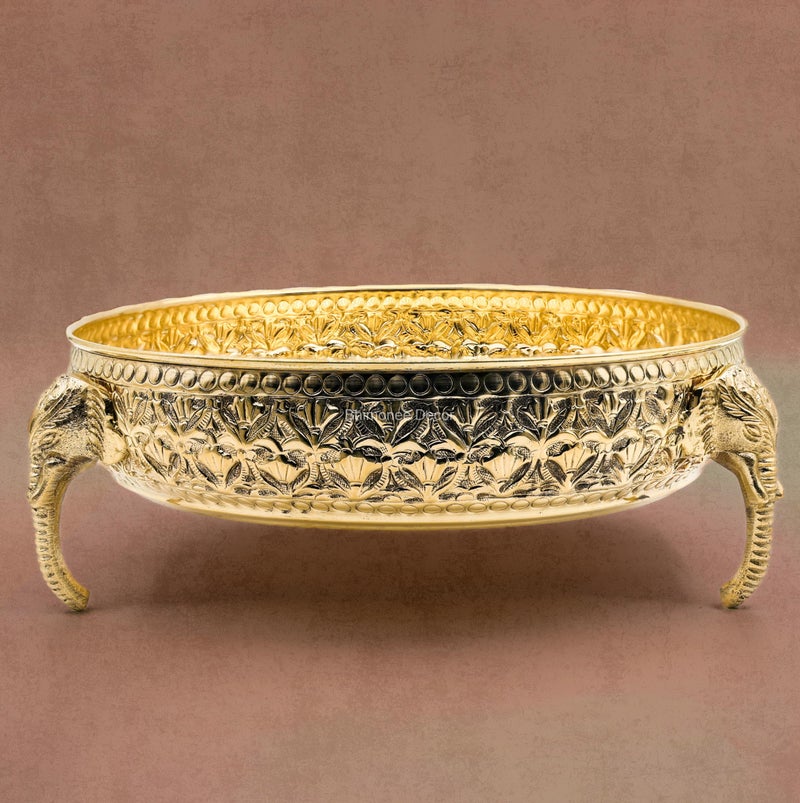 Bhimonee Decor Carving Elephant Thali 10 Inch 830g - Handcrafted Brass Decorative Bowl with Floral Engraving, Mughal Design, Elephant Handle, Home Decor, Pooja & Gift Item - Image 5
