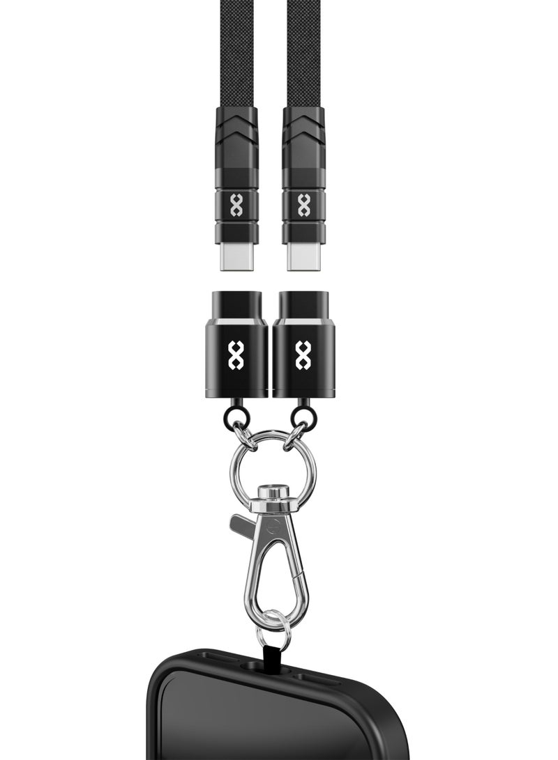 Lanyard C-to-C Charging Cable - Loop Charge (60W, 1m, Black) Crossbody Braided Flat Cable with Secure Lock for Newer iPhones, iPads, AirPods and AirPods Max, Android Smartphones and Tablets