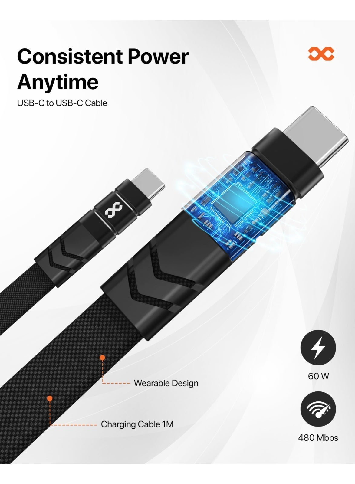 Infinity Loop 60W Charge Usb-C To Usb-C Cable 1M - Black