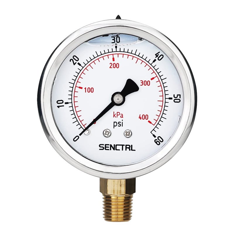 senctrl 60 Psi Glycerin Liquid Filled Low Pressure Gauge, 2.5" Dial Size, 1/4" NPT Lower Mount, Stainless Steel Case, Pool Sand Filter Water Pump Tire Water Oil Air Pressure Test - Image 1