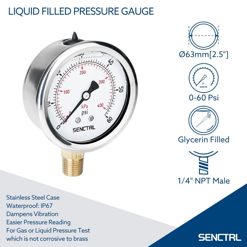 senctrl 60 Psi Glycerin Liquid Filled Low Pressure Gauge, 2.5" Dial Size, 1/4" NPT Lower Mount, Stainless Steel Case, Pool Sand Filter Water Pump Tire Water Oil Air Pressure Test - Image 2