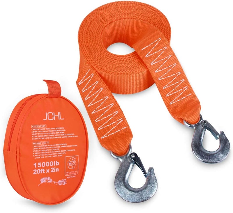 JCHL Tow Strap Heavy Duty with Hooks 2”x20’ 15,000LB Recovery Strap 6,8 Tons Towing Strap with Safety Hooks Polyester - Image 1