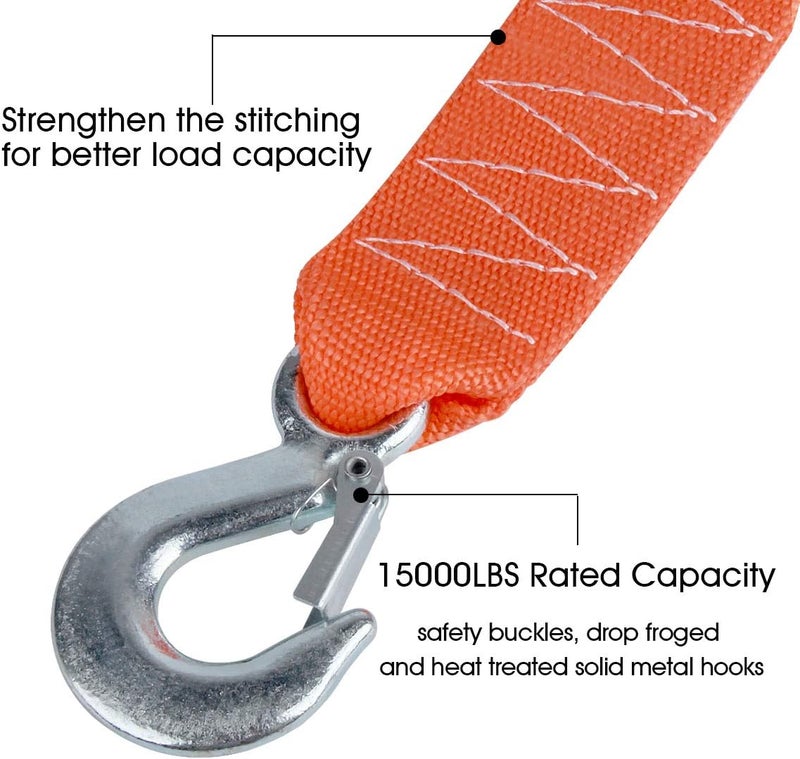 JCHL Tow Strap Heavy Duty with Hooks 2”x20’ 15,000LB Recovery Strap 6,8 Tons Towing Strap with Safety Hooks Polyester - Image 2