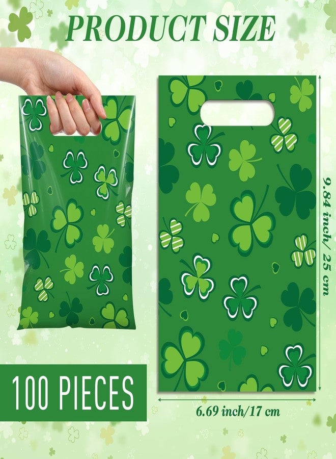 Funrous 100 Pcs St. Patrick's Day Gift Bags Plastic Irish Shamrock Treat Bags White Green Lucky Clover Goodie Candy Snack Pouch for St Patrick's Day Party Favors, 9.84 x 6.69 Inch(Green) - Image 2
