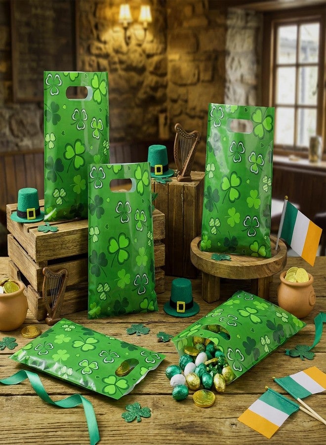 Funrous 100 Pcs St. Patrick's Day Gift Bags Plastic Irish Shamrock Treat Bags White Green Lucky Clover Goodie Candy Snack Pouch for St Patrick's Day Party Favors, 9.84 x 6.69 Inch(Green) - Image 4