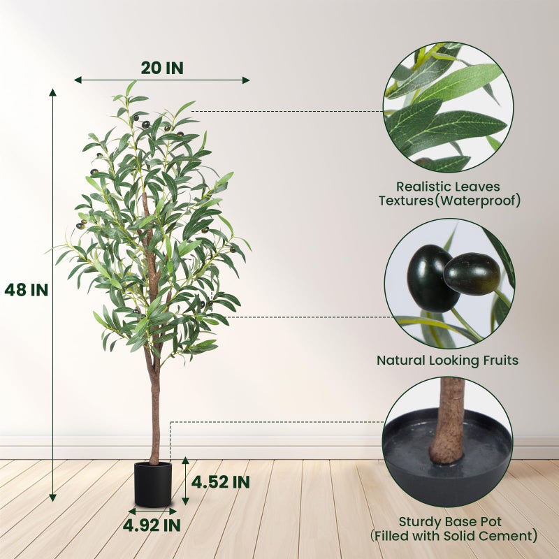 CETRD Artificial Olive Tree, 4FT Tall Faux Olive Trees 48in Outdoor Fake Potted Silk Plant with Trunk and Realistic 436 Leaves and 16 Fruits for Modern Office Home Decorï¼ˆ1packï¼‰ - Image 2