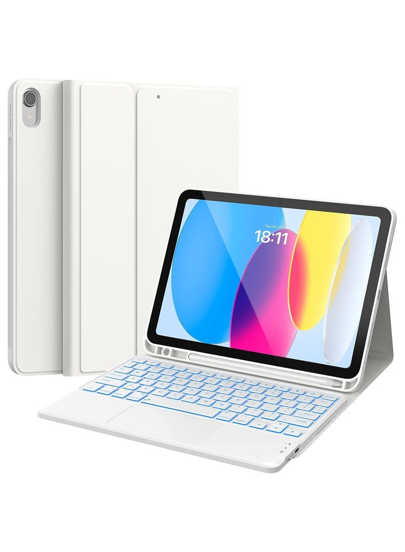 Arabic/English Keyboard Case for iPad (A16) 11th/10th Gen (2025/2022), 7-Color Backlight, Multi-Touch Trackpad, Flip Stand Case with Pencil Holder, 2 Bluetooth Channels，White - Image 1
