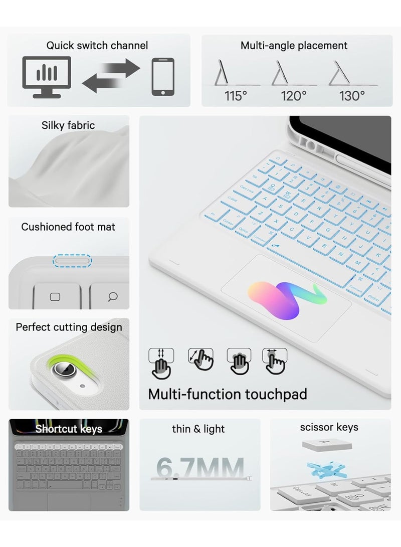 Arabic/English Keyboard Case for iPad (A16) 11th/10th Gen (2025/2022), 7-Color Backlight, Multi-Touch Trackpad, Flip Stand Case with Pencil Holder, 2 Bluetooth Channels，White - Image 3