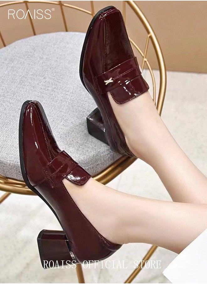 roaiss - Fashion Office Ladies Shoes Women Pu Leather Pumps Shoes British Style Square Toe Leather Shoes Mid Heel Chunky Heel Women Shoes - Image 1