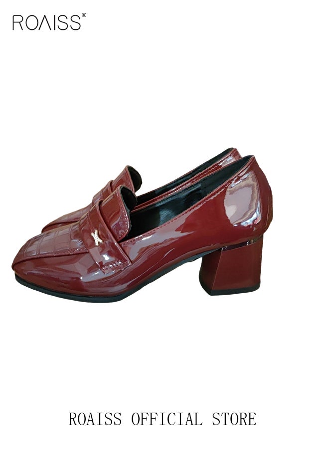 roaiss - Fashion Office Ladies Shoes Women Pu Leather Pumps Shoes British Style Square Toe Leather Shoes Mid Heel Chunky Heel Women Shoes - Image 1