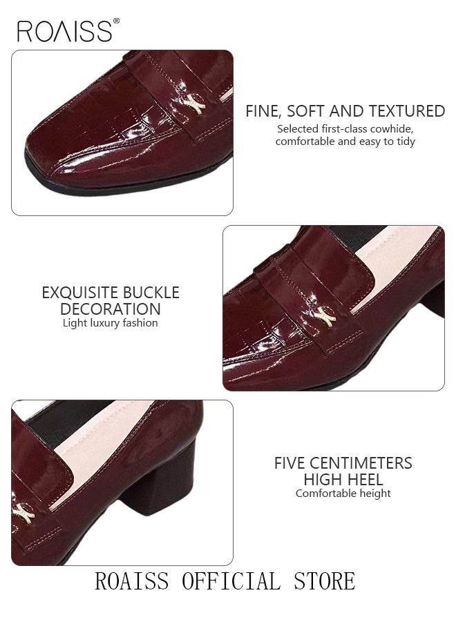 roaiss - Fashion Office Ladies Shoes Women Pu Leather Pumps Shoes British Style Square Toe Leather Shoes Mid Heel Chunky Heel Women Shoes - Image 1