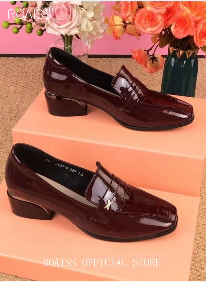 roaiss - Fashion Office Ladies Shoes Women Pu Leather Pumps Shoes British Style Square Toe Leather Shoes Mid Heel Chunky Heel Women Shoes - Image 1