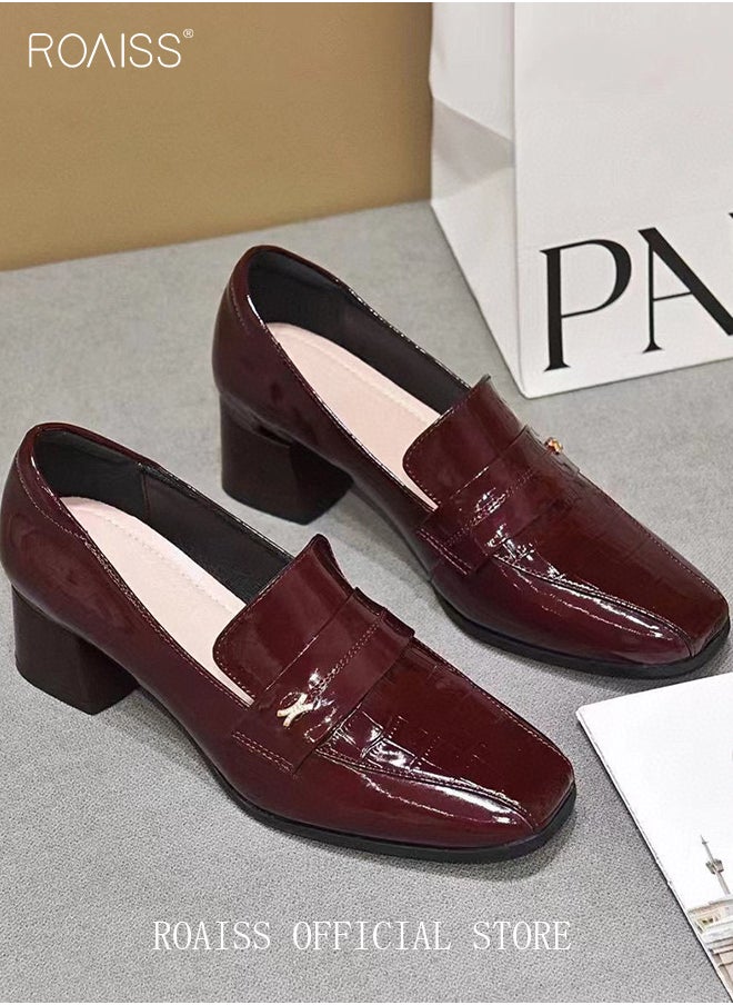 roaiss - Fashion Office Ladies Shoes Women Pu Leather Pumps Shoes British Style Square Toe Leather Shoes Mid Heel Chunky Heel Women Shoes - Image 1