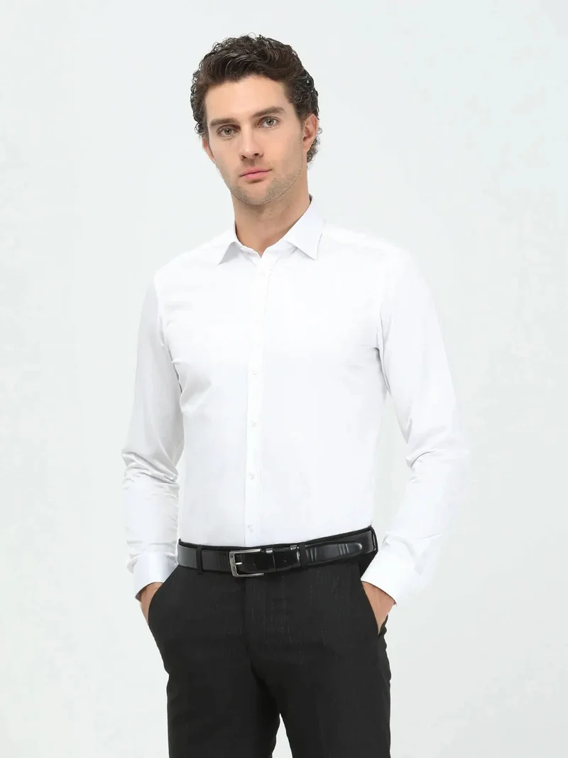Kip White Plain Slim Fit Weaving Classical 100% Cotton Shirt