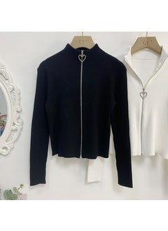 Stylish Knit Zip Cardigan, Petite Womens Autumn Outerwear Black love-thick core-spun yarn picture