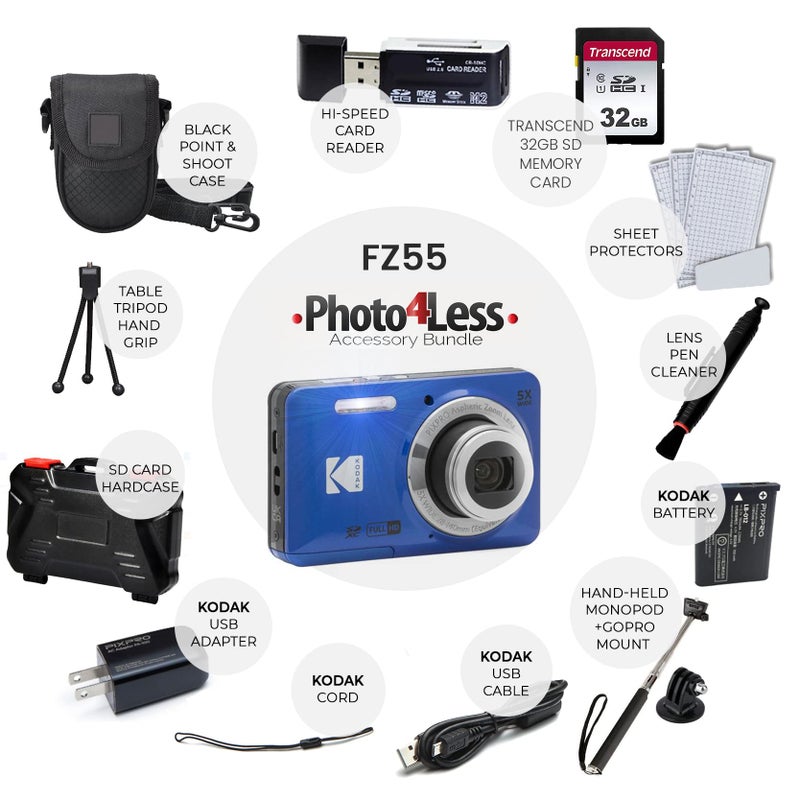 Photo4Less Kodak PIXPRO FZ55 Digital Camera (Blue) + 32GB Memory Card + Point and Shoot Camera Case + Extendable Monopod + Lens Cleaning Pen + LCD Screen Protectors + Table Top Tripod - Ultimate Bundle - Image 2