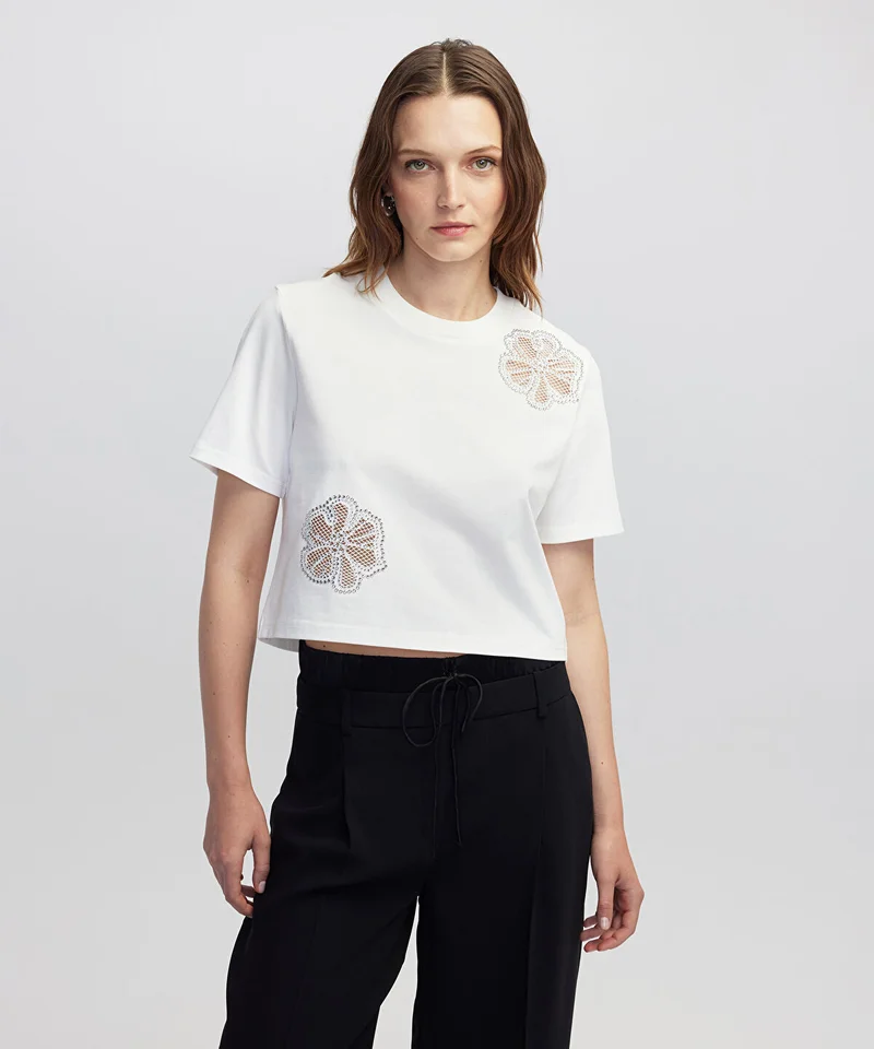 ابيكول Rhinestone Cutout T-shirt