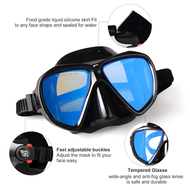 EXP VISION Snorkel Diving Mask, Panoramic HD Swim Mask, Anti-Fog Scuba Diving Goggles, Silicone Skirt Tempered Glass Dive Mask Adult Youth Swim Goggles with Nose Cover for Diving, Snorkeling - Image 2