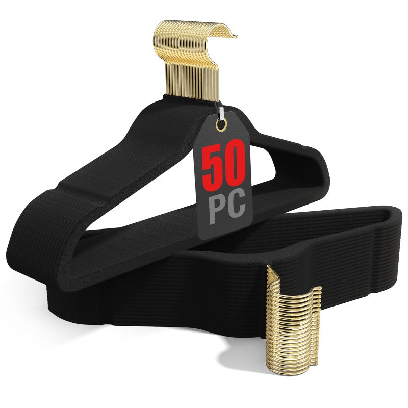 Korpai 50 Pack Black Velvet Hangers,Coat Hanger Non Slip,Heavy-Duty,Space Saving,Slim Clothes Hangers for Pants,Outfit,Skirts,Suits,Coats,Dresses ect.Felt Hangers with Gold 360Â°Swivel Hook - Image 1