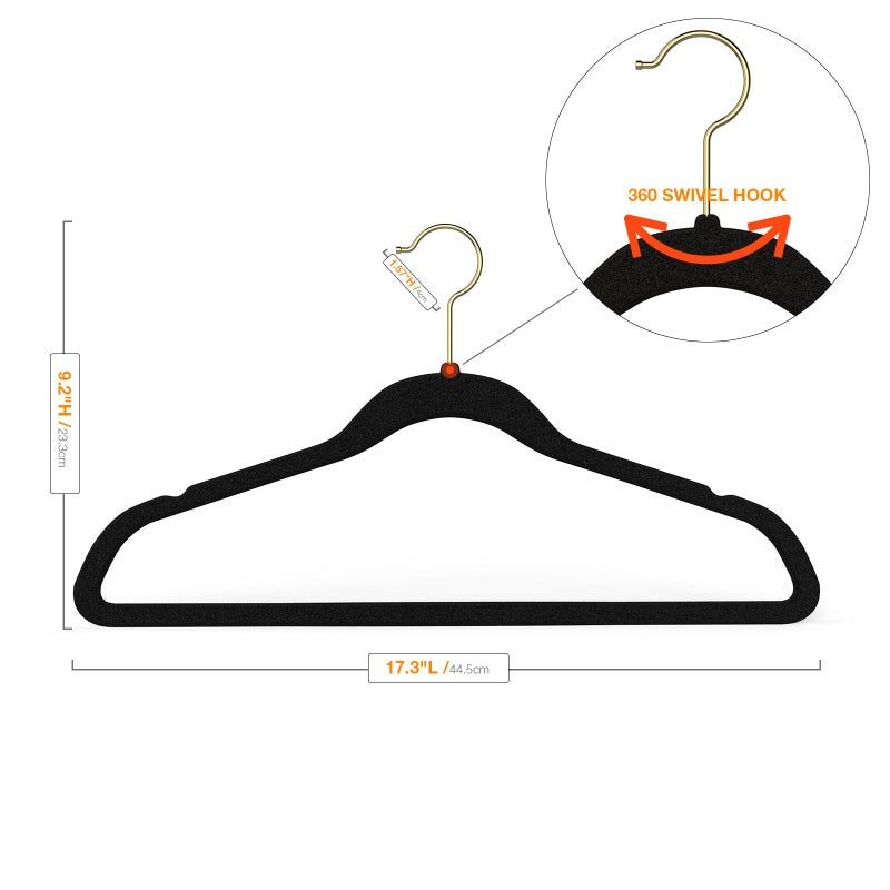 Korpai 50 Pack Black Velvet Hangers,Coat Hanger Non Slip,Heavy-Duty,Space Saving,Slim Clothes Hangers for Pants,Outfit,Skirts,Suits,Coats,Dresses ect.Felt Hangers with Gold 360Â°Swivel Hook - Image 2