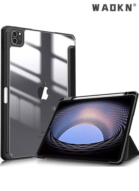 Protective Case Cover For Apple iPad Pro 11 inch (2022/2021/2020/2018) Generation with Pencil Holder, [Support Apple Pencil Charging and Touch ID], Clear Transparent Case with Auto Wake/Sleep,Black
