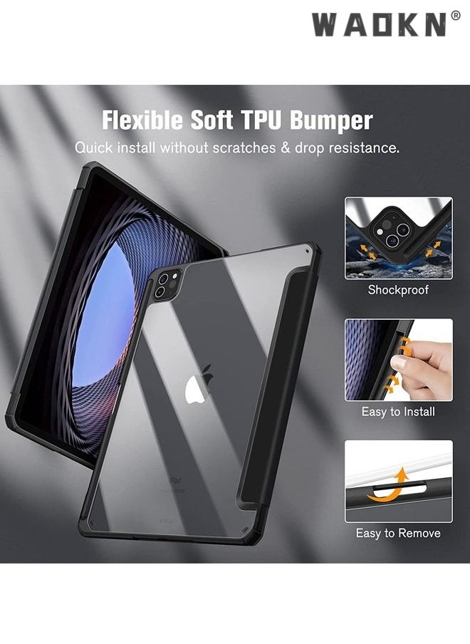 WAOKN - Protective Case Cover For Apple iPad Pro 11 inch (2022/2021/2020/2018) Generation with Pencil Holder, [Support Apple Pencil Charging and Touch ID], Clear Transparent Case with Auto Wake/Sleep,Black - Image 1