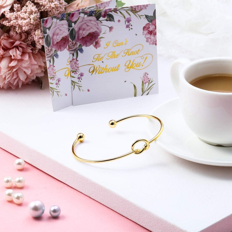 Hicarer 10 Pcs Knot Bracelet for Bridesmaid Proposal Gifts, Tie The Love Knot Bridesmaid Bracelet for Women Wedding Proposal Cuff Bangle with Cards(Gold) - Image 5