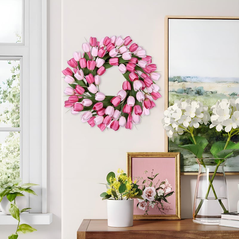 MDSTBN 24 Inch Tulip Spring Wreath for Front Door Summer Silk Wreath with Green Leaves Artificial Tulip Flower Wreaths for All Seasons Farmhouse Porch Wall Living Room Home Widding Decor-Red - Image 2