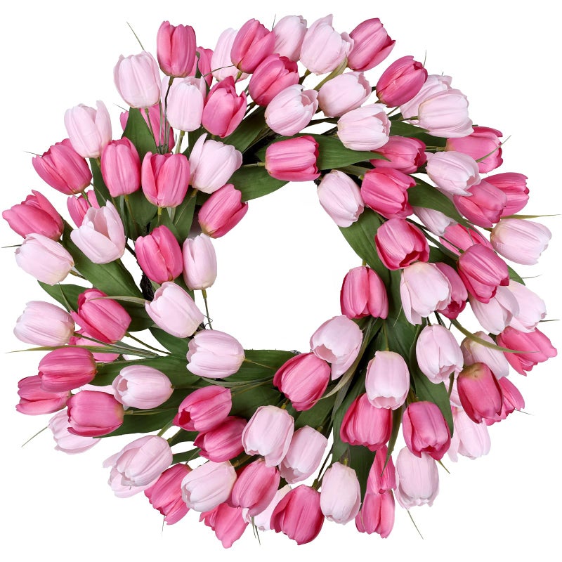 MDSTBN 24 Inch Tulip Spring Wreath for Front Door Summer Silk Wreath with Green Leaves Artificial Tulip Flower Wreaths for All Seasons Farmhouse Porch Wall Living Room Home Widding Decor-Red - Image 1