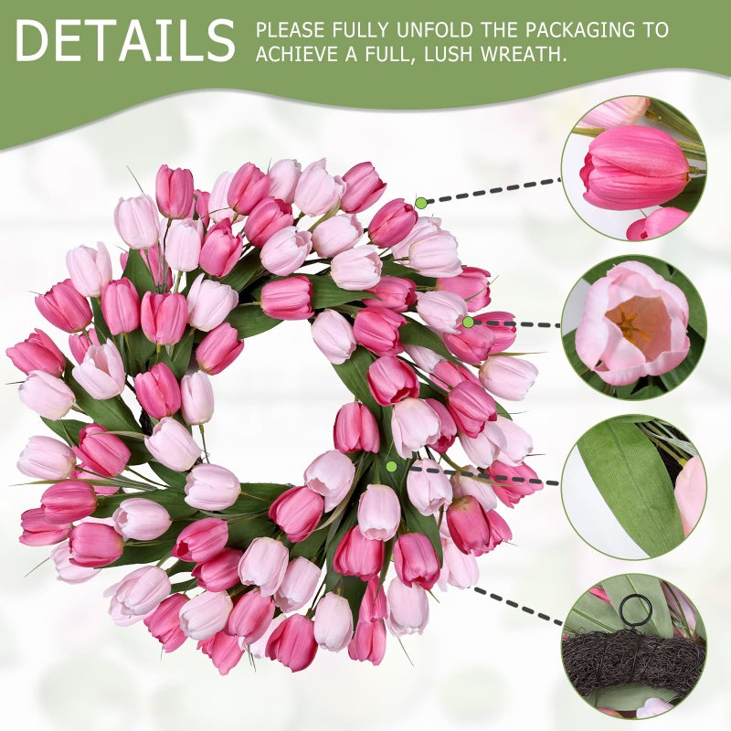 MDSTBN 24 Inch Tulip Spring Wreath for Front Door Summer Silk Wreath with Green Leaves Artificial Tulip Flower Wreaths for All Seasons Farmhouse Porch Wall Living Room Home Widding Decor-Red - Image 3