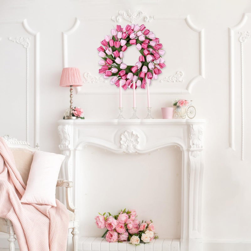 MDSTBN 24 Inch Tulip Spring Wreath for Front Door Summer Silk Wreath with Green Leaves Artificial Tulip Flower Wreaths for All Seasons Farmhouse Porch Wall Living Room Home Widding Decor-Red - Image 5