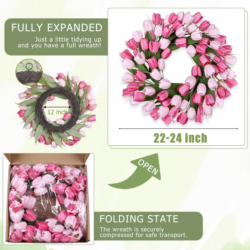 MDSTBN 24 Inch Tulip Spring Wreath for Front Door Summer Silk Wreath with Green Leaves Artificial Tulip Flower Wreaths for All Seasons Farmhouse Porch Wall Living Room Home Widding Decor-Red - Image 4